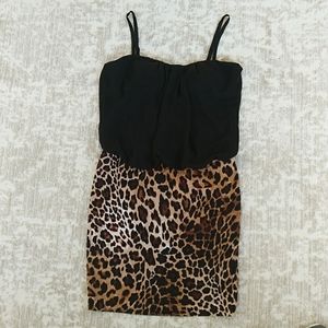 Cache Animal Print Blouson Spaghetti Criss Cross Party Dress 4 Black Brown